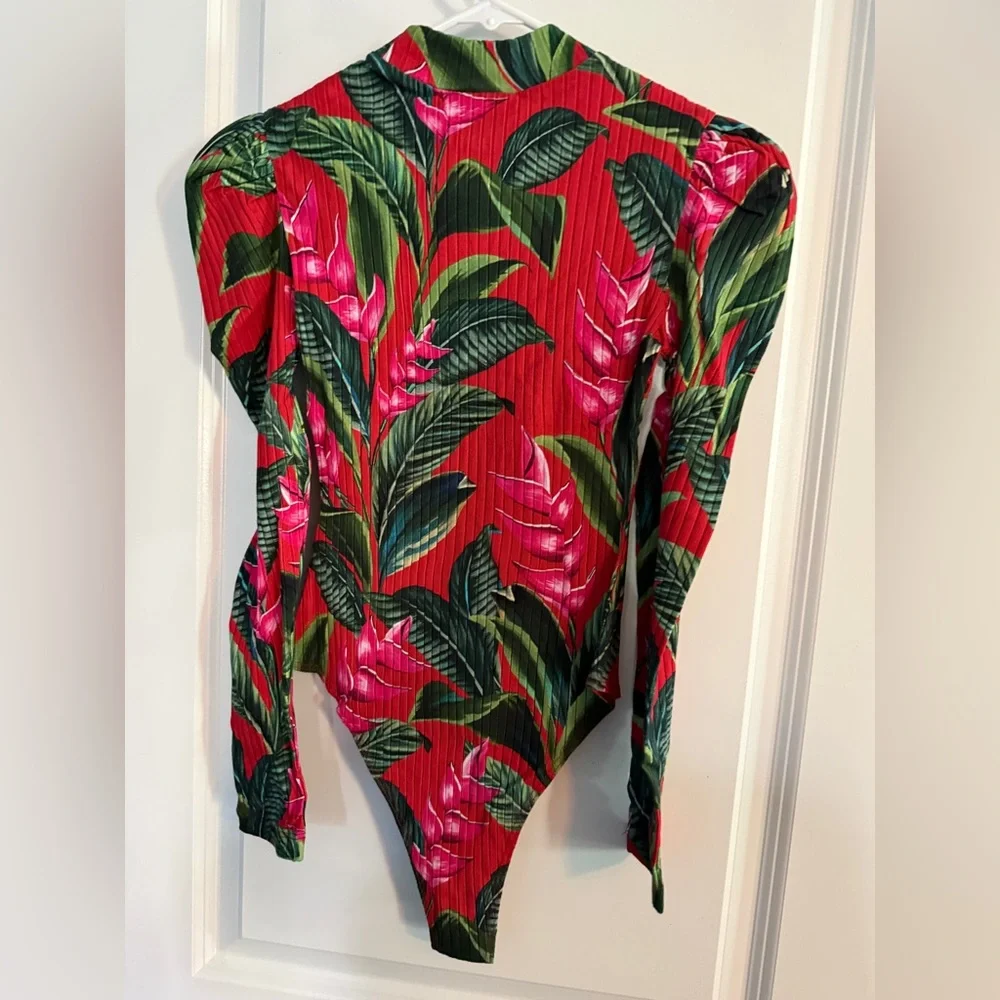 FARM Rio NEW Tropical Pink Hawaiian Bodysuit Ribbed Puff Sleeve-XS - Picture 4 of 5